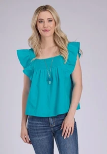 Roper Womens 2452 Flutter Sleeve Turquoise 100% Cotton S/L Blouse - Picture 1 of 3