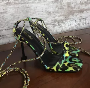 Miss Lola Size 7.5 lace up heels Gold Chain green leopard Party - Picture 1 of 10