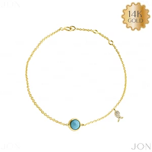 14K Gold Natural Diamond And Turquoise Gemstone Fish Charm Bracelet-Jewelzofny - Picture 1 of 6