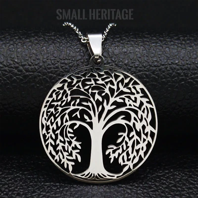 Colar de corrente de aço inoxidável Tree of Life formato redondo pingente prata preto - Imagem 1 de 4