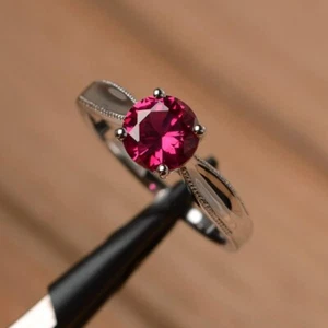 Ruby 925 Sterling Silver Solitaire Ring Lab Created Round Gemstone Women Ring - Picture 1 of 5