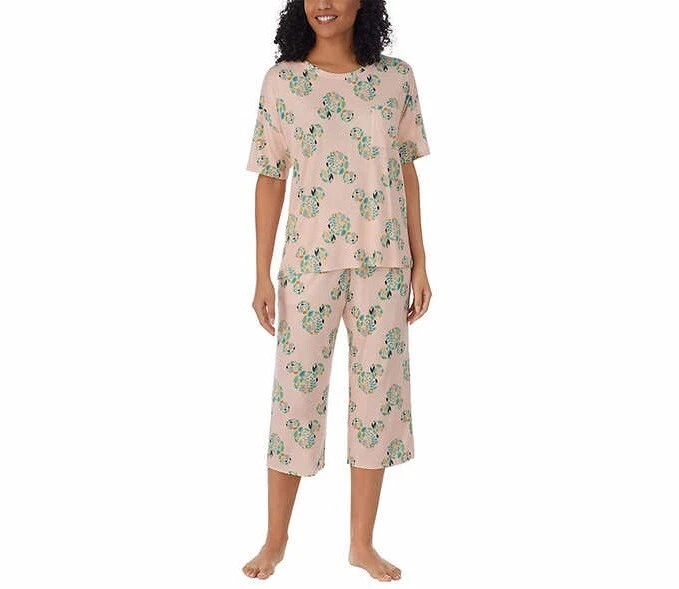 Disney 2 Piece Capri Pajama Set Womens Small Pink Floral Short Sleeve Lounge