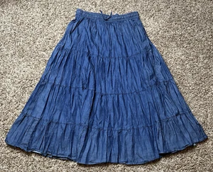Alfred Dunner Denim Skirt Womens Sz 10 Pleated Beaded Elastic Waist Tiered Boho - Picture 1 of 7