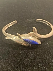 Vtg Sterling Silver Cuff Bracelet TED OTT STAMP Dolphin Blue Stone Lapis Lazuli - Picture 1 of 6