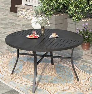 54" Outdoor Dining Table Metal Steel Slat Round Patio Table with Umbrella Hole - Picture 1 of 8