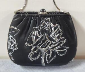 GENUINE Judith Leiber Black Leather w/ Crystal Flower Designs Small Purse NO RES
