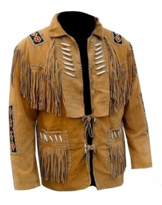 Men Native American Western Cowboy Leather Jacket Suede Coat Fringe Eagle Beads - Image 1 of 4