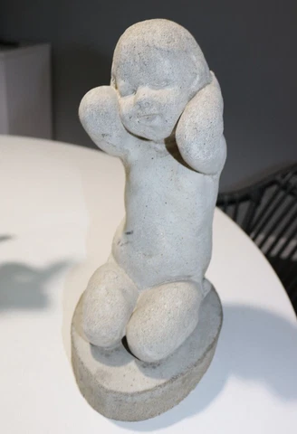 Vintage Cement Concrete Garden Cherub Putti Statue 12.5" Cover