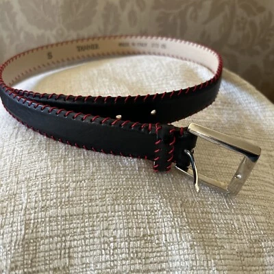 Cinto de couro Tanner pequena borda costurada preto vermelho 313 05 feito na Itália - Imagem 1 de 4