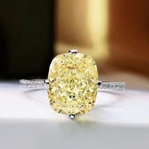 5.09 CT Cushion Cut Canary Yellow & White CZ Celebrity Inspired 925 Silver Ring.