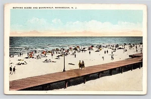 Bathing Scene Boardwalk Manasquan New Jersey Sand Beach Old VTG c1932 Postcard - Picture 1 of 2
