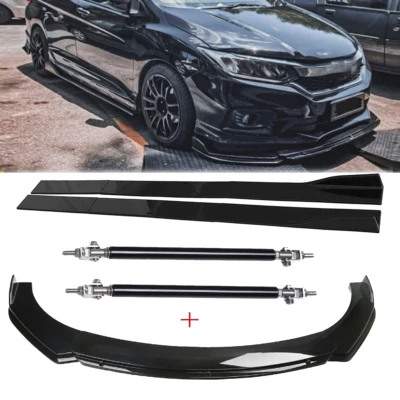 Front Bumper Spoiler Splitter For Honda City 2010-22 Strut Rods Glossy Black Foto 1 de 4
