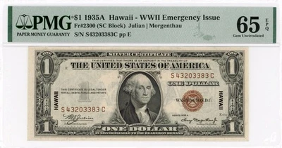 1935-A $1 Silver Hawaii Gem(SC Block) - Fr#2300 - PMG 65 EPQ - Gem Uncirculated - Image 1 of 2