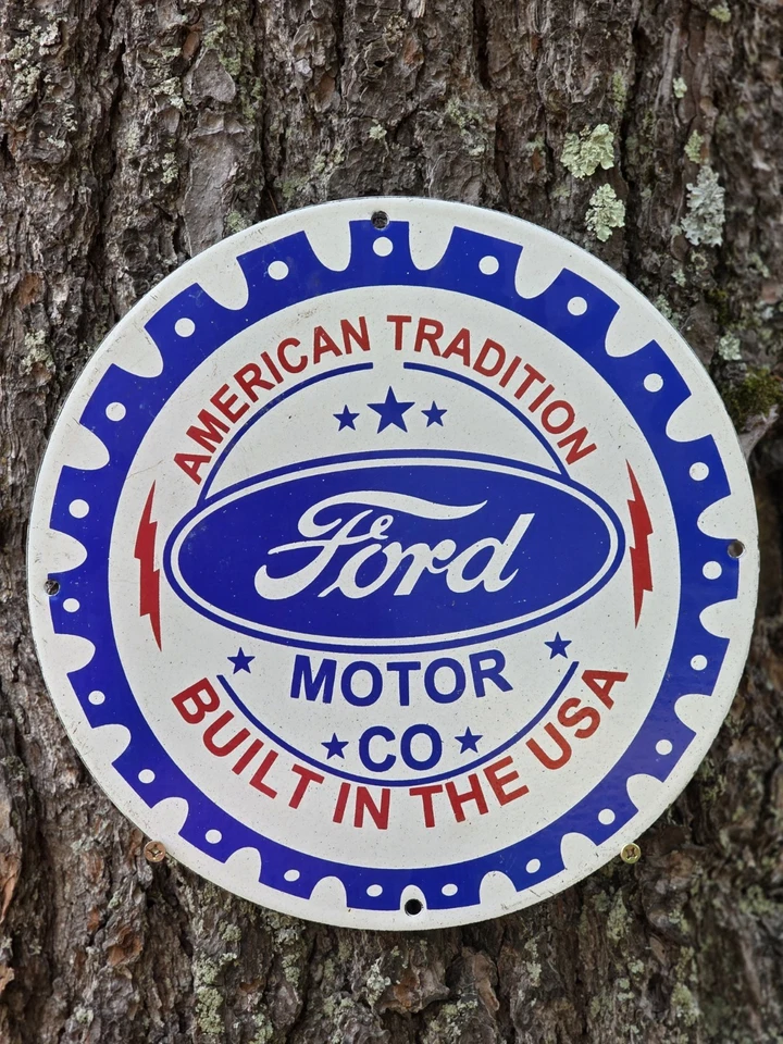 VINTAGE FORD MOTOR CO. BUILT IN THE U.S.A. PORCELAIN DEALERSHIP SIGN 12" - Image 1 of 4