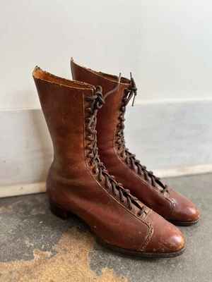 Antique 1900s Edwardian Victorian Brown Leather Lace-Up Boots – Modern 7.5–8 - Image 1 of 4