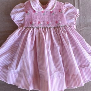Baby Summer Dress 12 Months Smocked Pink White Floral Stripes Vintage La Fleur - Picture 1 of 4