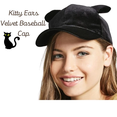 Forever 21 Negro Terciopelo Orejas de Gatito Gorra de Béisbol Oreja de Gato Sombrero Juegos con disfraces Disfraz Foto 1 de 3