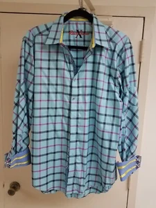 Robert Graham X Mens AQUA BLUE PLAID BUTTON DOWN SHIRT long sleeve size L - Picture 1 of 8