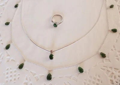 Lote elegante conjunto de diópsido cromado estação colar pingente anel tamanho 6 16+ cts 925 - Imagem 1 de 4