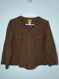 Ruby Rd. Womens Sz 8 Brown Metal Bead Full Zip Jacket Top Linen Rayon 3/4 Sleeve - Picture 1 of 7
