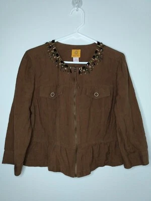 Ruby Rd. Womens Sz 8 Brown Metal Bead Full Zip Jacket Top Linen Rayon 3/4 Sleeve - Image 1 of 4