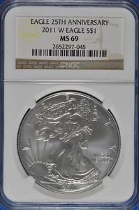 2011 W Burnished 1 OZ Silver American Eagle NGC MS 69 25th Anniversary - Picture 1 of 2