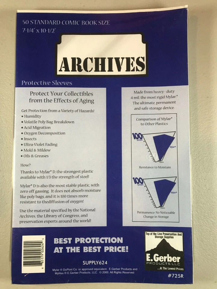 E. GERBER PRODUCTS E. Gerber (50cnt pkg) 4 Mil Standard Comic Book Archives 725R
