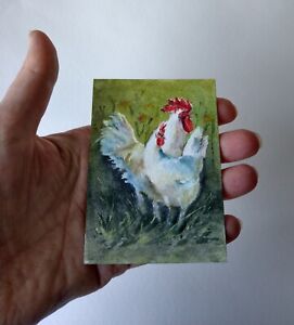 Original, Not A Print, ACEO watercolour miniature, rooster and hen. Collectable.
