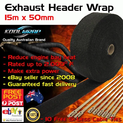 HEADER EXHAUST WRAP TAPE 2000 F Heat Protection Black 15m X 50mm + 10 Steel Ties - image 1 of 4