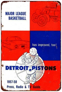 1957-1958 Detroit Pistons Basketball Presse Guide Cover Reproduktion Blechschild - Bild 1 von 2