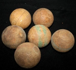 VINTAGE EARLY 1900'S CROQUET WOOD SET 6 STRIPED BALLS GAMES COUNTRY PRIMITIVE - Picture 1 of 1