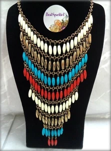 Vintage Tribal Necklace - Bib Statement Necklace - Long - Blue Red Cream Bronze - Picture 1 of 10