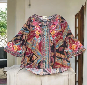 Top Savanna Jane Serape para mujer talla L bordado manga acampanada floral boho gitano - Imagen 1 de 15