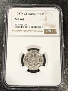 1927 F MS64 Germany 50 Reichspfennig NGC KM 49 TOP POP Stuttgart Mint Weimar - Picture 1 of 4