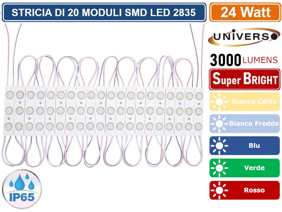 UNIVERSO STRISCIA LED 20 MODULI INDIPENDENTI 24W SMD 2835 DC12V DA ESTERNO IP65 - Immagine 1 di 4