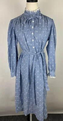 Vintage 70s Prairie Dress S / M Embroidered Chambray Ruffled High Neck Western  - Image 1 of 4