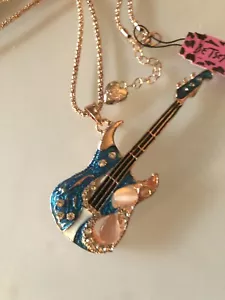 Betsey Johnson Necklace Guitar Gold Aqua Blue Crystals Gift Box Organza Bag - Picture 1 of 12