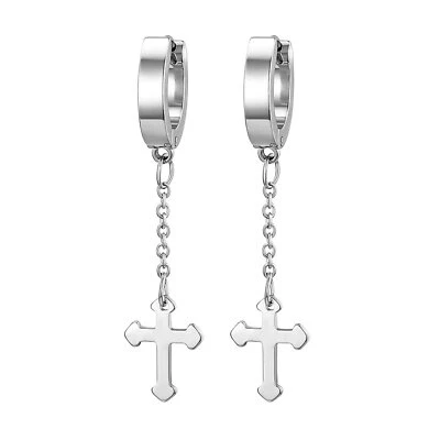 Hip Hop Women Men Cross Chain Stainless Steel Drop Dangle Hoop Earrings Jewelry - Image 1 of 4