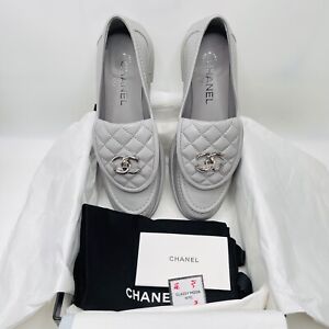 NIB Chanel 21B Loafers 40 EUR Size grey interlocking silver CC Logo