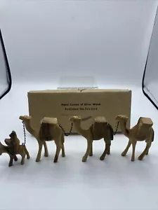 Hand Carved Olive Wood Holy Land Bethlehem Camel Train Original Box Primitive - Picture 1 of 12
