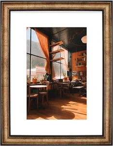 , 12X16 Black Trim Gold Frame - White Mat for 8X12 Photo - Vintage Antique Style - Picture 1 of 12