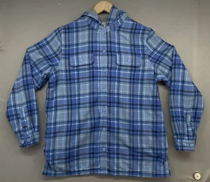 LL Bean Hoodie Jacket Womens M Flannel Fleece Lined Plaid Blue Shacket Pockets - Picture 1 of 18