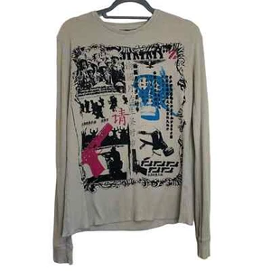 Jimmy'Z Brand Beige Graphic Y2K Long Sleeve Thermal Waffle T-Shirt sz S EUC - Picture 1 of 5