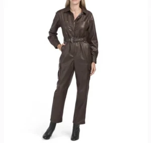 7 for All Mankind Women’s Faux Leather Brown Belted Jumpsuit w/ Pockets Size M - Picture 1 of 4
