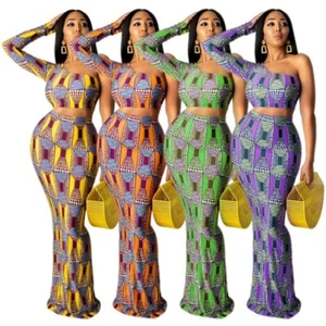 Skirt African Clothes Set Women Skew Neck Crop Tops Mermaid Skirt Suits - Picture 1 of 2