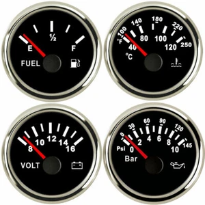 52mm/2inch 4 Gauge Set Fuel Level Gauge Oil Pressure Volt Water Temp Black 9-32V - Picture 1 of 6