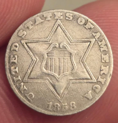 1858 type 2 Three Cent Silver trime XF - Image 1 of 3