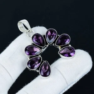 Purple Amethyst Gemstone Handmade 925 Sterling Silver Jewelry Pendant Size-2" - Picture 1 of 5