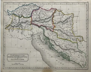 1829 Ancient Vindelicia Rhaetia Noricum Pannonia Illyricum Hand Coloured Map - Picture 1 of 5