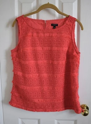 Mujer Talbots Top Talla 6p (M) Coral Rosa Blusa Concha Tanque Encaje Flecos Foto 1 de 3